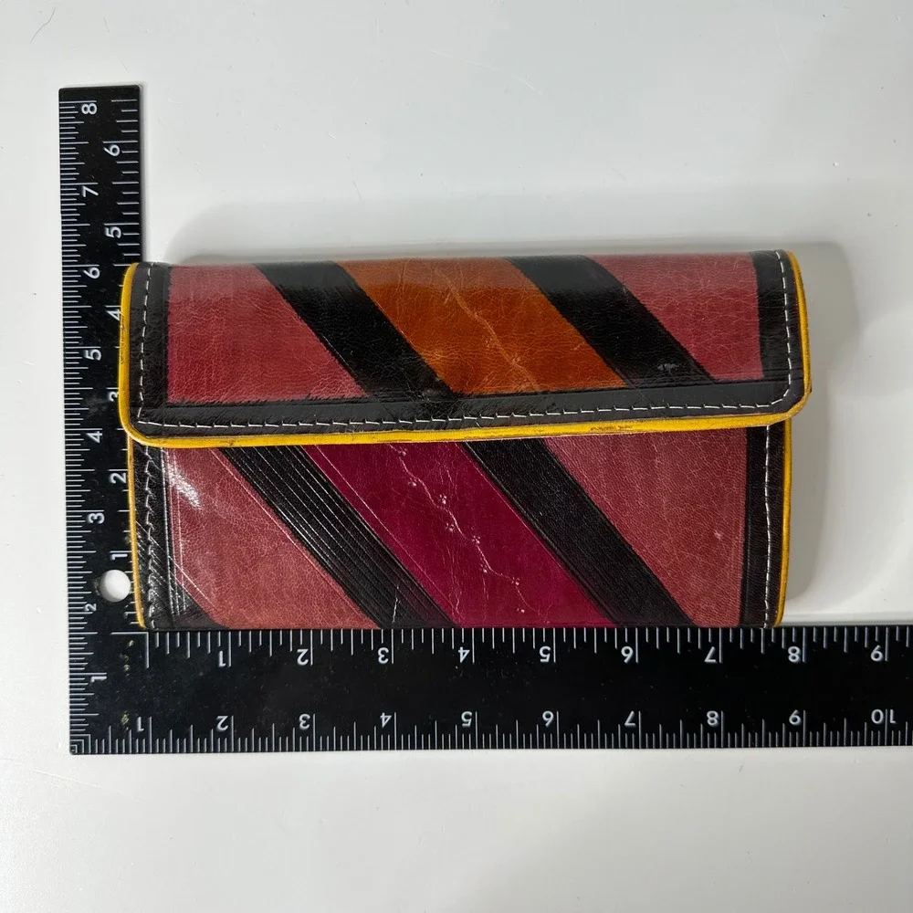 Vintage Leather Wallet Diagonal Stripe Clutch Burgundy Brown Boho Indie